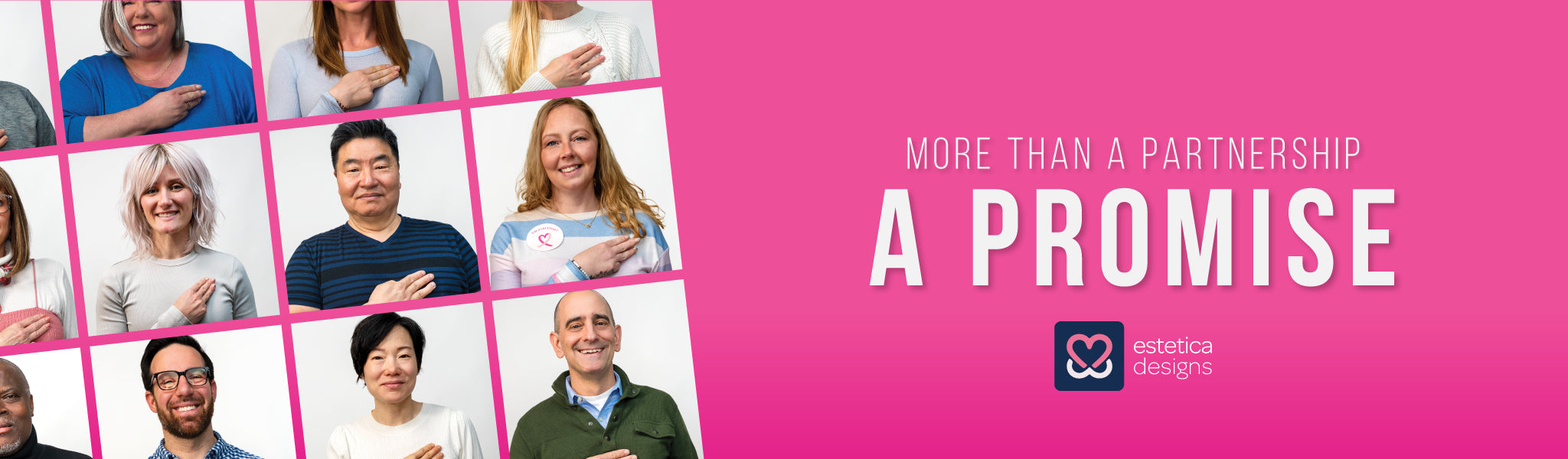 Estetica Designs team showing support for breast cancer awareness with hand-over-heart pledge, highlighting inclusive wig community and commitment to advocacy.