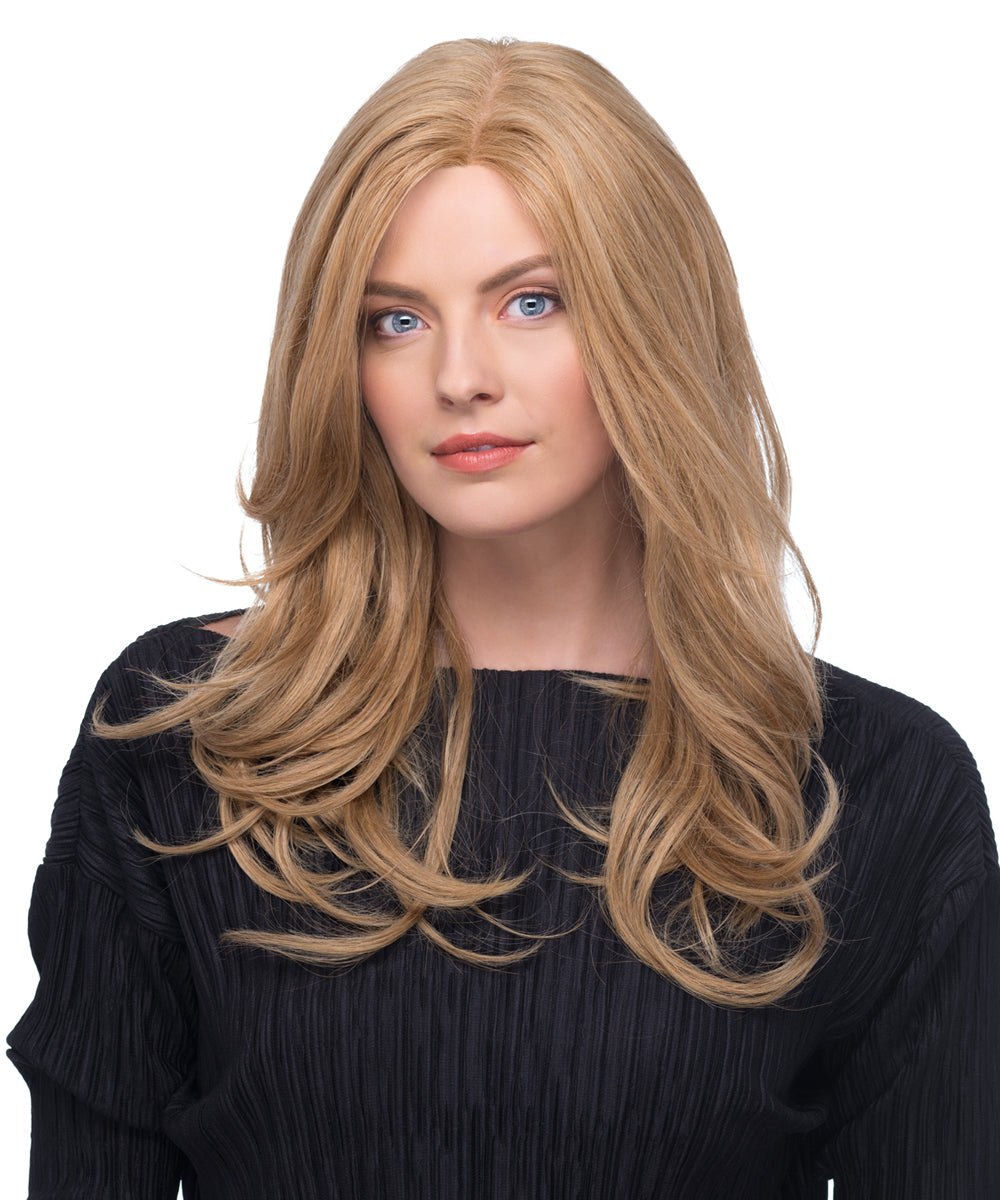 Long blonde wig on model in black top