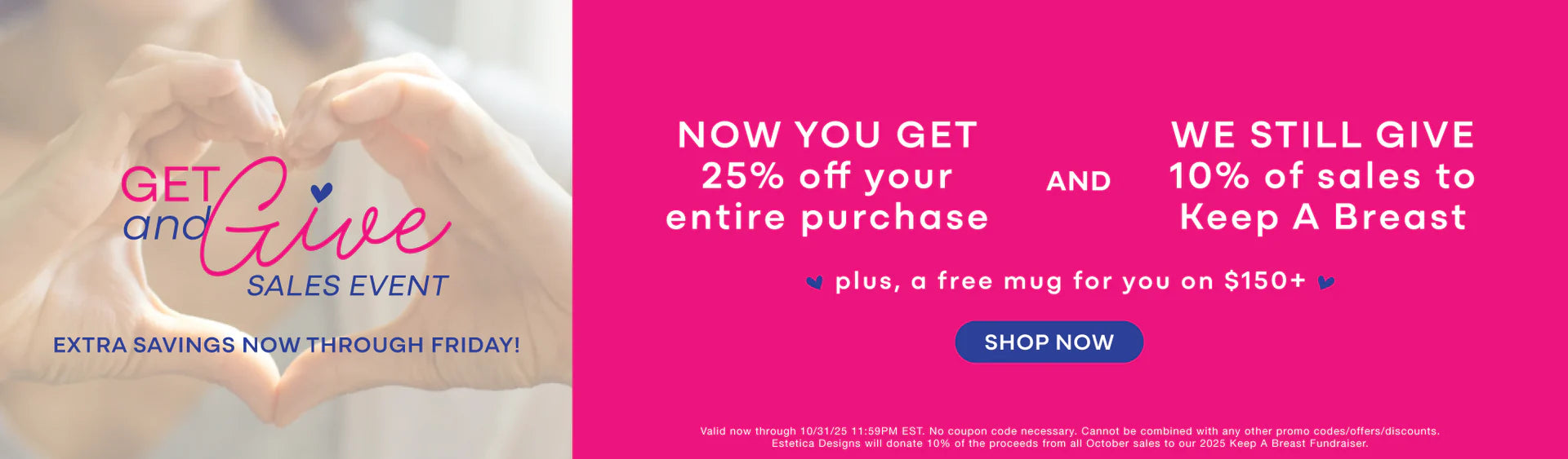 Promotional banner for 'Get and Give' sales event with text and a free mug offer.