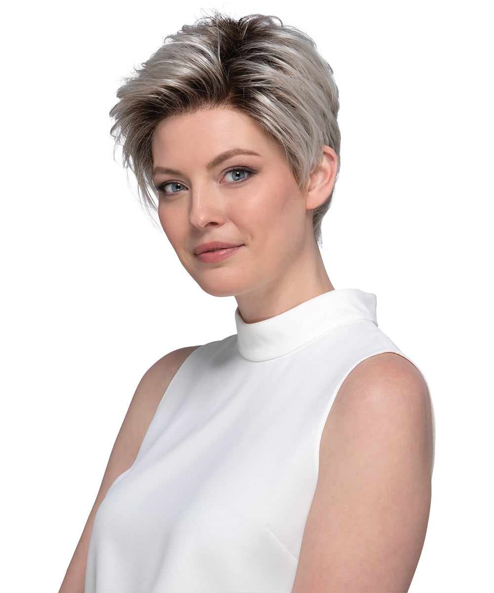 Monofilament with Lace Front Synthetic Wig Petite Easton by Estetica Designs shown in Silversun Rooted