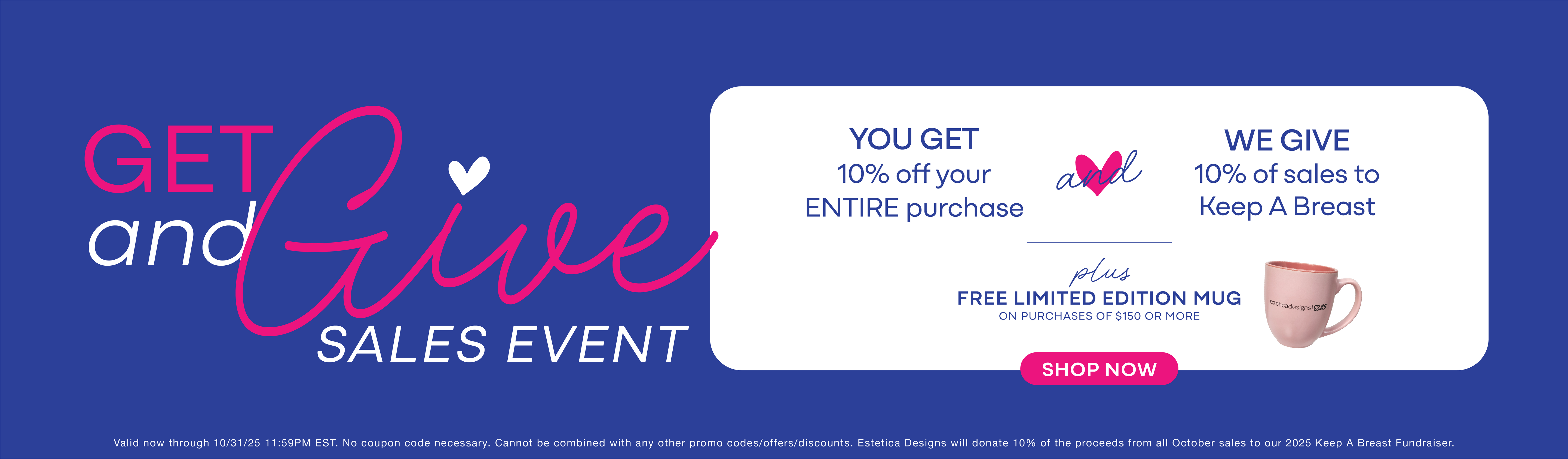 Promotional banner for a 'Get and Give Sales Event' with text and graphics on a blue background.